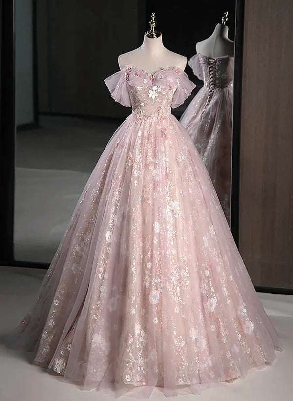 Robe de bal trapèze rose à épaules dénudées en dentelle et tulle
